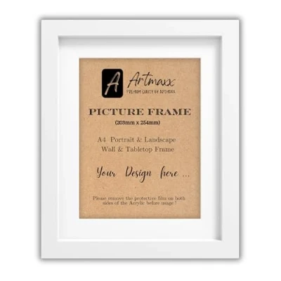 Image of Artmaxx 8x10 White Photo Frame, for Table Top or Wall Mount, Transparent, Non breaking Acrylic Glass Front, Solid Wood