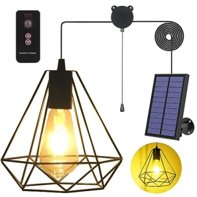Image of YUMAMEI Solar Pendant Lights, Powered Shed Light with Pull Cord and Remote for Outdoor Indoor, Chandelier, Gazebo Lights Adjustable Panel Yard Patio Balcony Barn Garage
