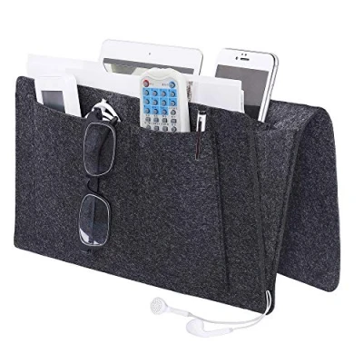 Image of Bedside Caddy Pocket, Felt Hanging Storage Organizer, Home Sofa Desk Bed Bag with Cable Holes for Sorting Magazine, Phone, Earphone, Remote, Glasses, Pen, Dark Grey