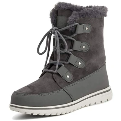 Image of Polar Boot Womens Quilted Outdoor Cuff Snow Duck Waterproof Lace Up Faux Fur Boots , Grey Suede, 6 UK