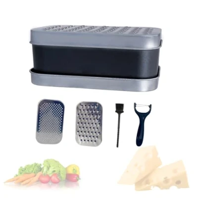 Image of JagKul Cheese Grater Set with Container, 2 Stainless Steel Cutters, Lid, Peeler &amp; Cleaning Brush Kitchen Vegetables Chopper (Black)
