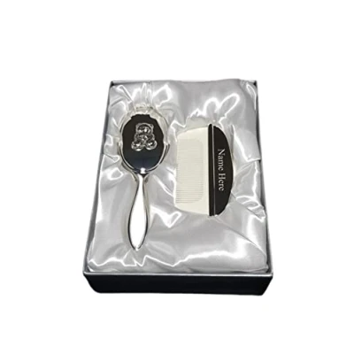 Image of [Custom] Personalised Engraved Silver Plated Baby Brush &amp; Comb with Teddy Design Gift for Any New Born