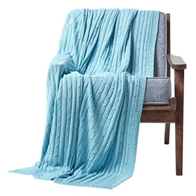 Image of HOMESCAPES Pastel Blue Cable Knit Throw 130 x 170 cm Combed Cotton Soft and Cosy Blanket Bed Sofa For Armchairs Single Beds