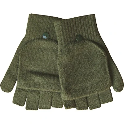 Image of TeddyT&#039;s Mens&#039; Winter Thermal Knit Magic 2 in 1 Combo Fingerless Gloves &amp; Mittens (Khaki Green)