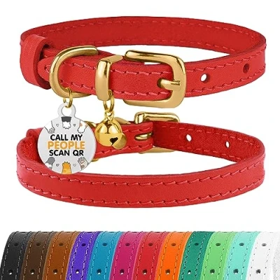 Image of BRONZEDOG Leather Cat Collar with Bells Non Breakaway Kitten QR Tag for Girl Boy (23 28 cm, Red &amp; Gold)