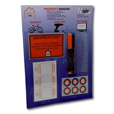 Image of Minder Ultimate Property Marking Kit Including Warning, Window &amp; Ultra Destruct Stickers, Stencil, Invisible Ink UV Pen and Permanent Marker