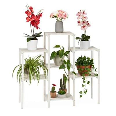 Image of Relaxdays Wooden Flower Rack, Decorative Ladder Shelf for Plants, Indoor Use, Standing, 86.5 x 95 29.5 cm, White