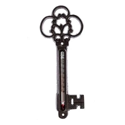 Image of HOMESCAPES Brown Wall Mounted Cast Iron Decorative Key Thermometer