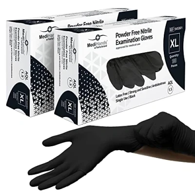 Image of Farla Medical MediHands Disposable Extra Large Nitrile Gloves Powder Free and Latex Surgical Multi Purpose, Single Use Box of 200, Black