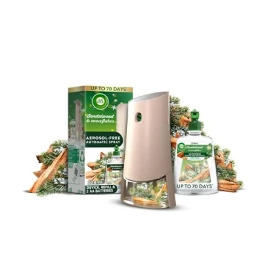 Image of Air Wick Aerosol Free Automatic Freshener Spray Kit Frosted Sandalwood &amp; Snowflakes 1 Gadget, Refill and 2 AA Batteries 24x7 Active Fresh Odour Neutraliser Lasts Up to 70 Day