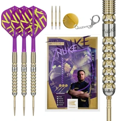 Image of TARGET Darts Luke Littler Gen 1 Prodigy Steel Tip Swiss Point Darts, 90% Tungsten 23G Generation Gold Player Edition Points Dart Sets, K Flex Flights and Shafts