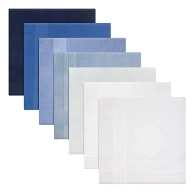 Image of Warwick &amp; Vance Pack Of 7 Mens/Gentlemens Dyed Handkerchiefs, Blue To White With Satin Stripe Borders, 100% Cotton, 40 x 40cm