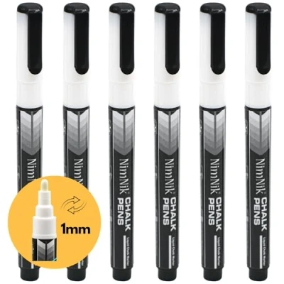 Image of NIMNIK White Liquid Chalk Markers 1mm Nib Use on Chalkboard, Whiteboard, Glass 6 Pack Water Based Wet Wipe Erasable Pen