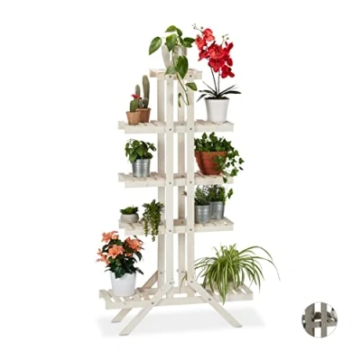 Image of Relaxdays 5 Tier Flower Shelf, Wooden Rack, Indoor Plant Stand, HWD: 142x83x25cm, White