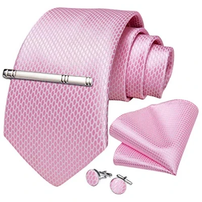Image of Solid Pink Tie Handkerchief Silk Woven Necktie Cufflinks Set for Men Business Wedding(Size: One Size)