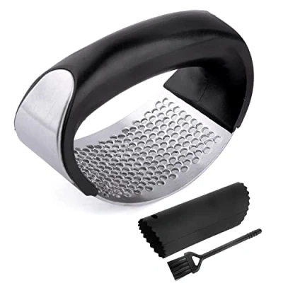 Image of Garlic Press Crusher Kitchen Rocker 304 Food Grade Stainless Steel Ginger with Cleaning Brush &amp; Silicone Peeler