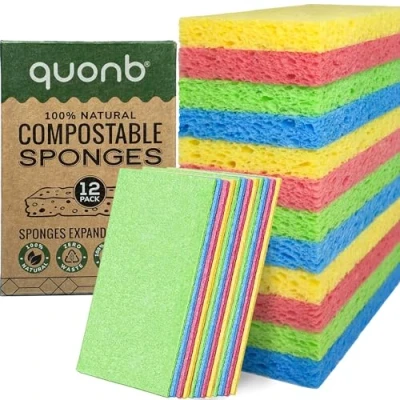 Image of Compostable Pop Up Eco sponges quonb® (12 Pack) Biodegradable washing up, Plastic Free, Natural Cellulose, Durable, Zero Waste, Non Scratch, Kitchen, Bathroom, Cleaning Sponge, 4 Colours