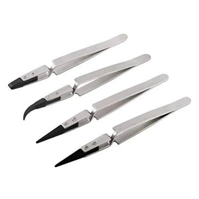 Image of WANDIC Anti Static Tweezers, Set of 4 Plastic Tipped Tweezers ESD Stainless Steel Precision self Locking for Electronics, Laboratory, Jewellery Crafts