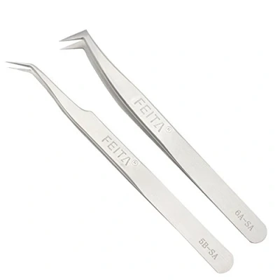 Image of Precision Eyelash Extension Tweezers Set FEITA Professional Slant &amp; Angled Curved Pointed Volume for 3D 4D 6D Lashes Silver 2Pcs