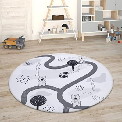 Image of Paco Home Kids Rug Children&#039;s Room Play Mat Baby Car Rug, Size:Ø 120 cm round, Colour:Multicolored