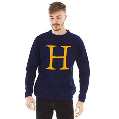 Image of Harry Potter Christmas Jumper Letter H Knitted Unisex Blue Sweater