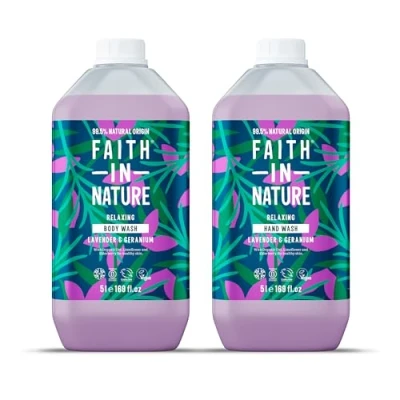 Image of Faith In Nature Natural Lavender &amp; Geranium Hand Wash and Body Set, Vegan Cruelty Free, No SLS or Parabens, 2 x 5L Pack