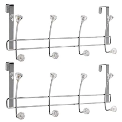 Image of Chrome Plated Over Door Hook Hangers with Decorative Clear Crystal Effect Jewels Set of 2 No Assembly Required.