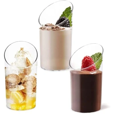 Image of KAHEIGN 100Pcs Mini Angled Dessert Cups, 75ml Plastic Round Cups Clear Parfait Appetizer Cup Reusable Serving Bowl for Pudding Mousse Party (8.5 x 4cm)