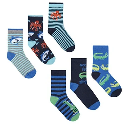 Image of Sock Stack Boys Socks 6 Pairs Of Kids Dinosaur Football Space Gaming Cotton Rich Socks, Shark &amp; Crocodiles, 8