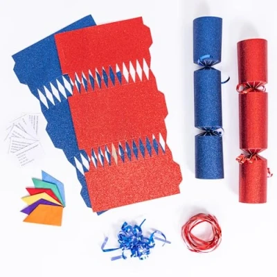 Image of evelay 12 Make Your Own Christmas Cracker Kit DIY Red &amp; Navy Glitter Crackers Hats Snaps Jokes (Red, Navy)