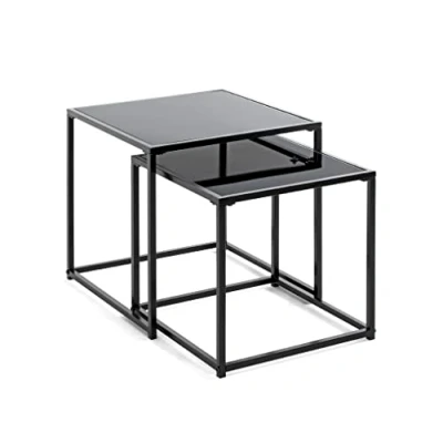 Image of HAKU Mobel Set of 2 End Tables Black, Metal, Tempered Glass Size: W 35/40 cm X H D cm, Style: Modern