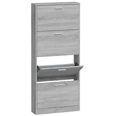 Image of vidaXL Shoe Cabinet Modern Grey Sonoma Engineered Wood Storage with 4 Pull Down Drawers 59x17x150 cm For Entrance, Hallway, Living Room or Bedroom