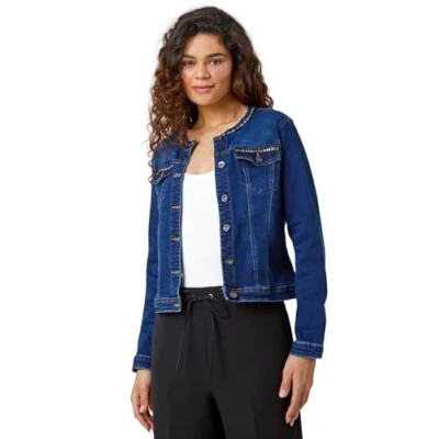 Image of Roman Cropped Cotton Denim Jacket for Women UK Ladies Spring Everyday Summer Holiday Functional Pockets Soft Classic Collar Comfy Long Sleeve Quality Fabric Coats Indigo Size 10