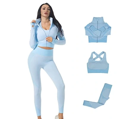 Image of Veriliss Women&#039;s 3pcs Gym Tracksuit Sweatsuit Activewear Sets 2024 Sport Yoga Fitness Clothing Ladies Workout Outfit Sportsuits for Running Jogging (Light Blue, L)