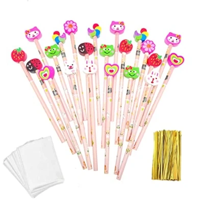 Image of JZK 24 x pink wooden graphite pencils set with cartoon rubber erasers for kids birthday favours gift girls, girls party bag fillers, pencil and eraser stationery gifts