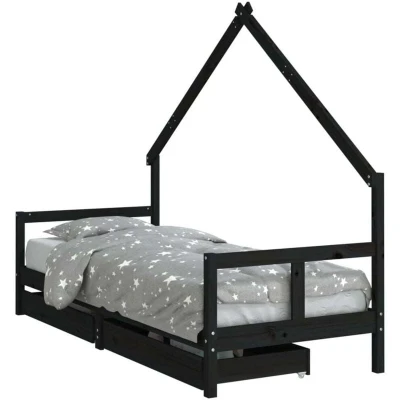 Image of vidaXL Kids Bed Frame with Drawers Black 80x200 cm Solid Wood Pine