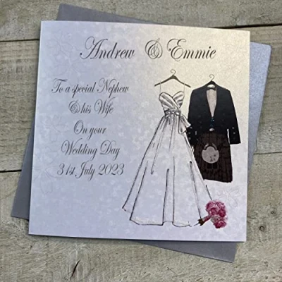 Image of PERSONALISED WEDDING CARD. ANY RELATION. NEPHEW &amp; WIFE SCOTTISH. DRESS KILT DESIGN. Handmade by White Cotton Cards. (PPS146 NEP XPPS146 NEP)