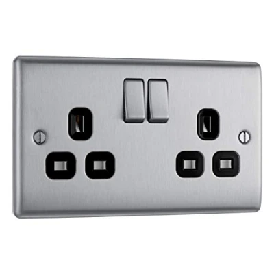Image of BG Electrical Double Switched Power Plug Wall Socket, Nexus Metal, Brushed Steel, Black Inserts, 13A, NBS22B