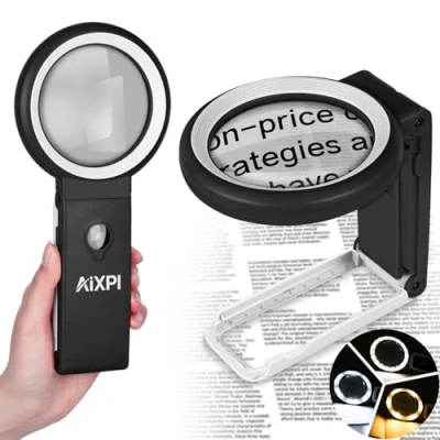 Image of 30x 40x Magnifying Glass with Light and Stand, Large Handheld Glasses 18 LED Illuminated Lighted Magnifier for Macular Degeneration, Seniors Reading, hobbies, Coins, Jewelry (Black&amp;White)