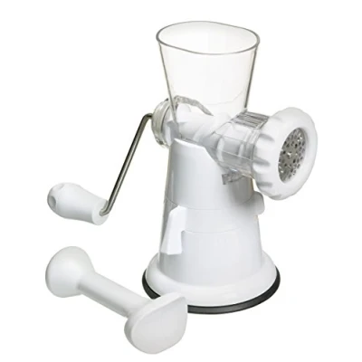 Image of KitchenCraft Hand Meat Mincer with Suction Clamp, Plastic / Stainless Steel, 25 x 17 cm, White