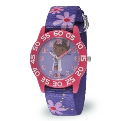 Image of Disney Jr. Kids&#039; Plastic Time Teacher Analog Quartz Nylon Strap Watch, Purple Floral, Doc McStuffins