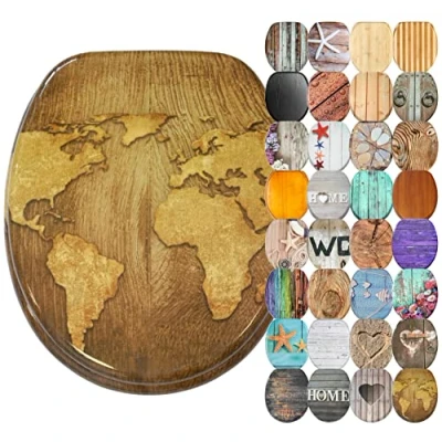 Image of Sanilo Soft Close Toilet Seat, Wide Choice of Wooden Seats, Stable Hinges, Easy to Mount (World Map)