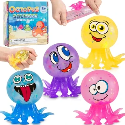 Image of Octopus Squishy Stress Balls for Adults, 4Pcs Soft Squeeze Kids with ADHD, Anxiety, Relief Sensory Sugar Ball, Mochi Fidget Toy