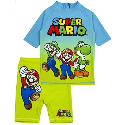 Image of Super Mario Swimsuit for Boys Blue Green Two Piece Top &amp; Shorts Bathing Suit Kids Gamer UV50+ Sun Safe Swimming Costume 9 10 Years