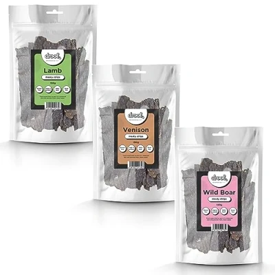 Image of Drool Pet Products 100% Pure Dried Fresh Meat Triple pack Lamb, Venison, Wild Boar Meaty Strips for Dogs 3 x 150g Air Nibbles Dog Chews &amp; Puppies