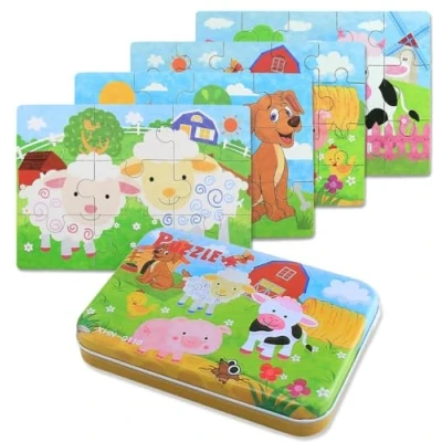 Image of Jigsaw Puzzles Toy in a Box for Kids, Pack of 4 with Varying Degree Difficulty Educational Learning Tool Best Birthday Present Boys Girls (Sheep, Dog, Cow, Pig)