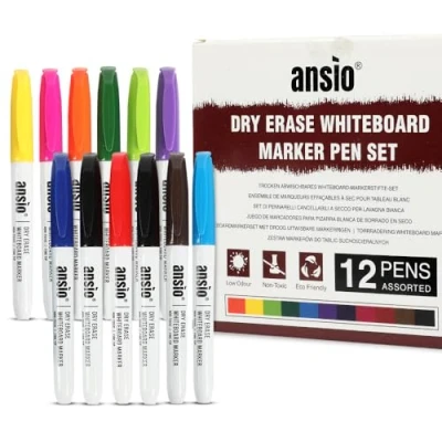 Image of ANSIO Whiteboard Pens Pack of 12 Assorted Markers with Fine Tip Dry Wipe for
