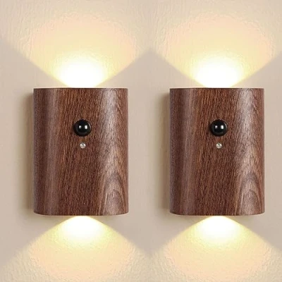 Image of 2 Pcs Wood LED Batteries Wall Light Cordless with Motion Sensor Indoor USB Rechargeable Lamp Bedroom Bed 3000K Warm Magnetic Night Up Down Lighting Hallway Lamp,Dark Colors
