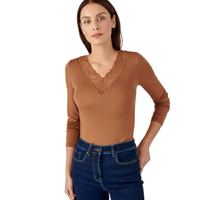 Image of Damart Women&#039;s T Shirt Manches Longues Dentelle Thermolactyl Invi, Amber Brown, M