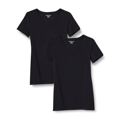 Image of Amazon Essentials Women&#039;s Plus Size Short Sleeve V Neck T Shirt, Pack of 2, Black, XL
